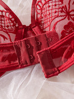Red French Lace Embroidery Bra Set with Garter Belt Three-Piece Ensemble Sexy Underwear for Women