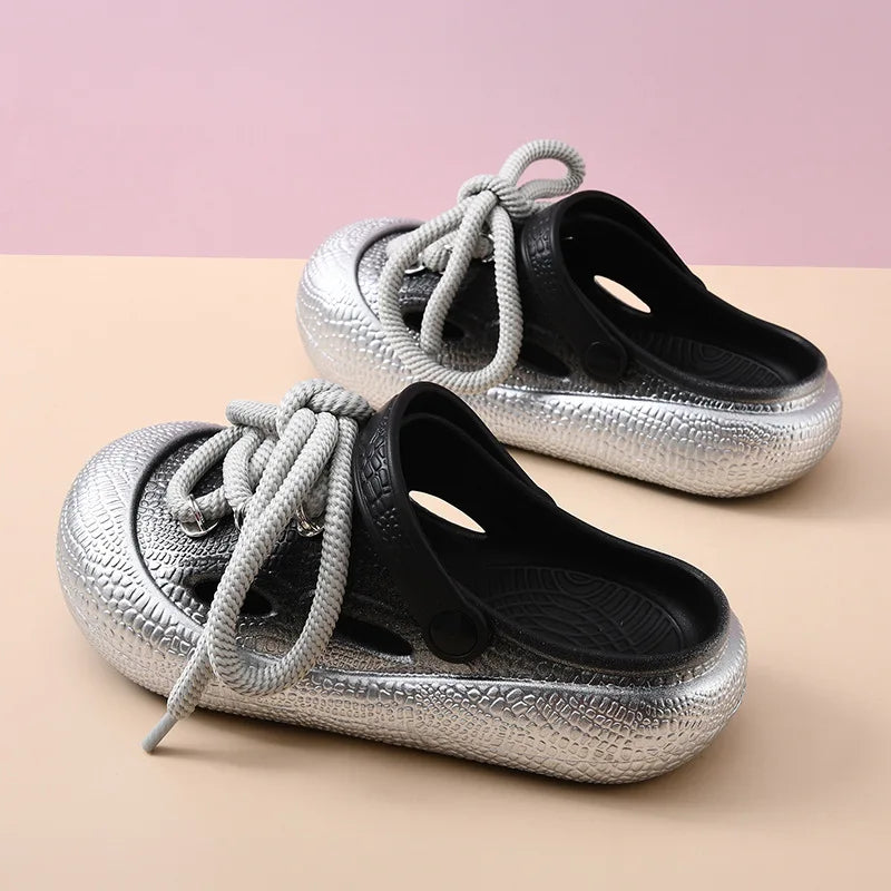 Plus Size Summer Platform Sandals For Women Men Home Street Garden Shoes Lace-up Style Silver Gold Clogs Couples Beach Slippers
