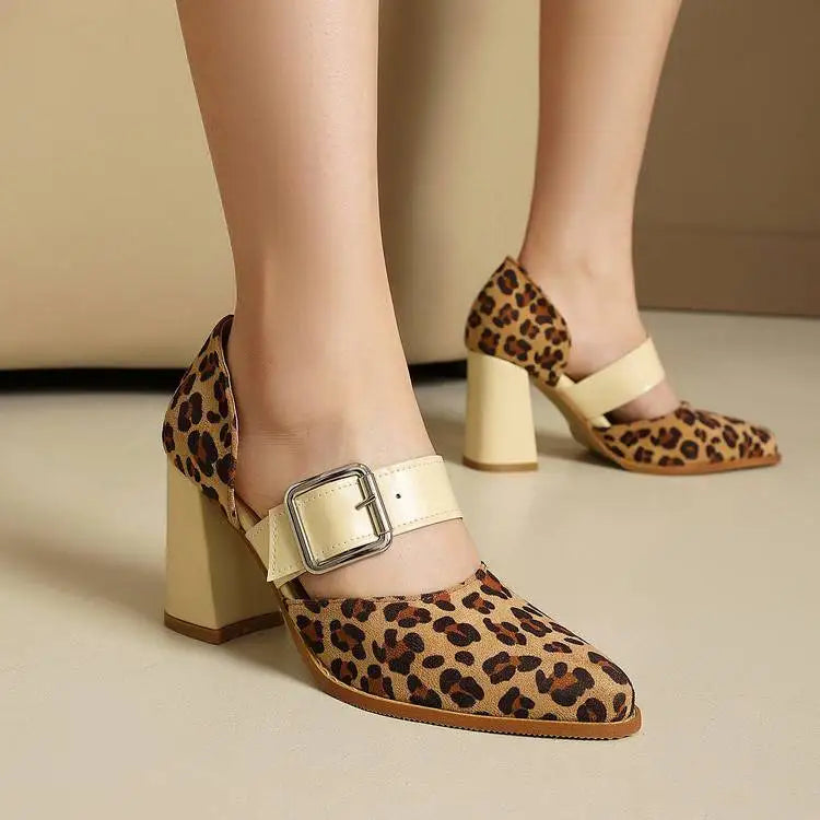 SpringAutumn New Model Fashion High Heels Nude Shoes Color Blocking Pointed Tip Buckle Leopard Print Sexy Party Women's Shoes