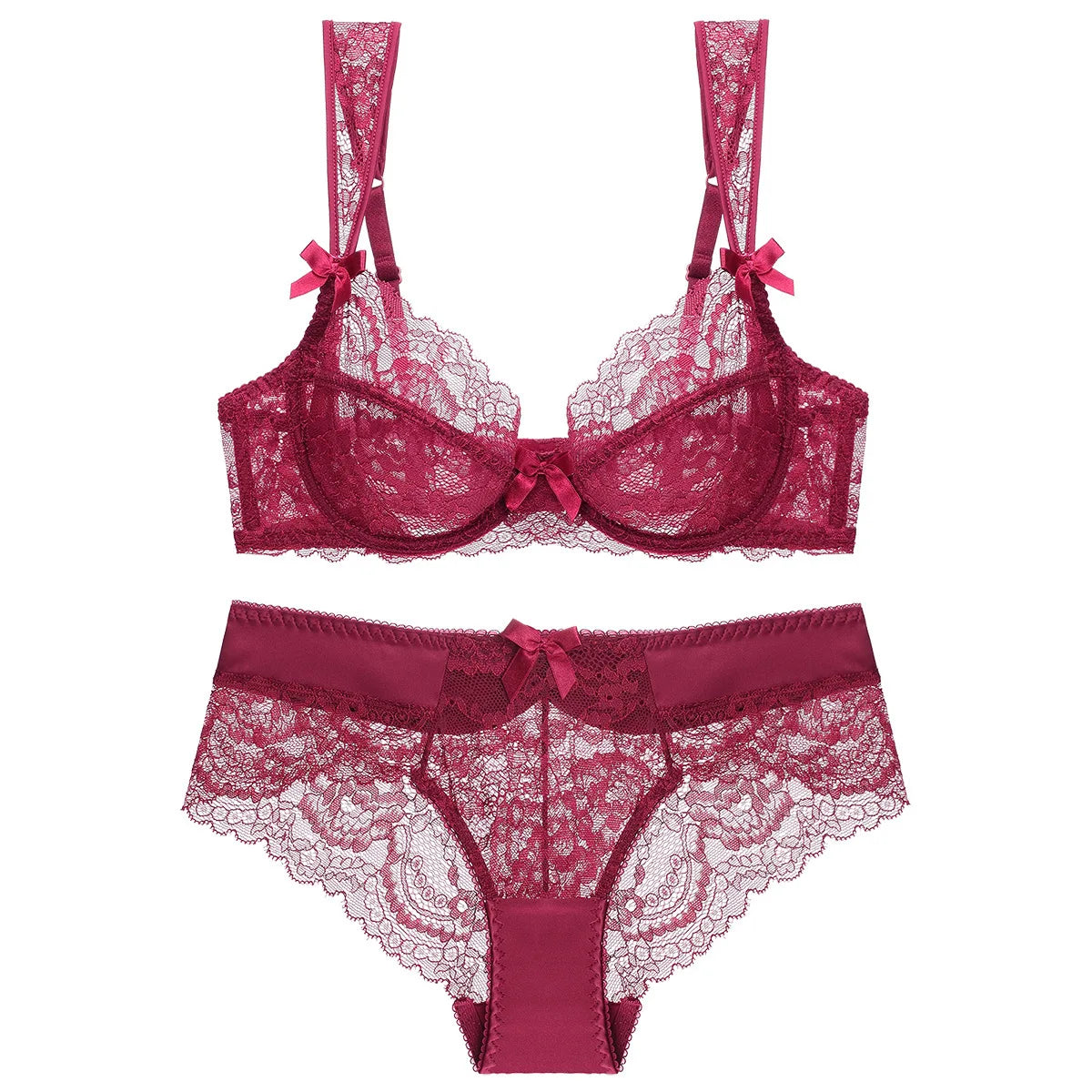 French Sexy Ultra Thin Bra Set Women Red Temptation Underwear Lace Embroidery Breathable Lingerie Romantic Bow Decorative Bras