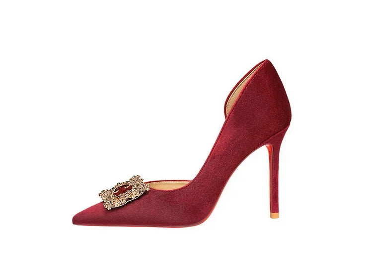 Women 10cm Super High Heels Pointed Toe Side Hollow Work Pumps Metal Crystal Buckle Velvet Stiletto Fashion Banquet Lady Shoes