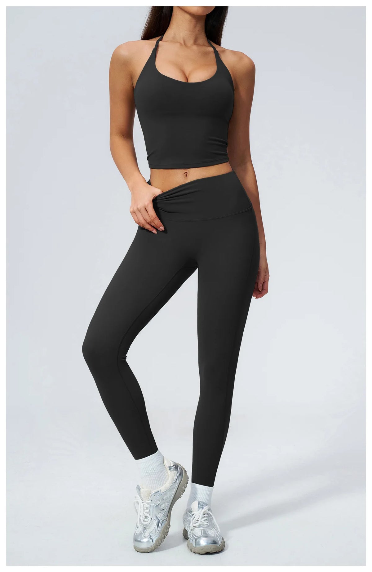 Women Tracksuit 2PCS Seamless Yoga Sets Hanging V Neck Slim Sports Tank Top Fitness Outfits Gym Running High Waist Leggings Suit