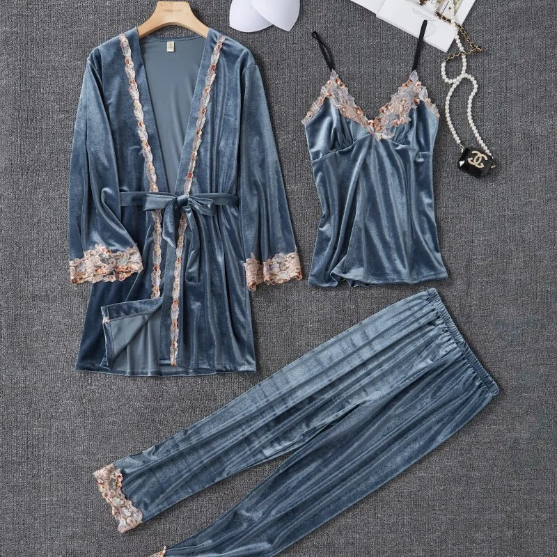 New Velour Pajama Suit Women 3PCS Robe Nightgown Set Sleepwear Lady Winter Velvet Warm Lace Folwer Kimono Bathrobe Gown 2025