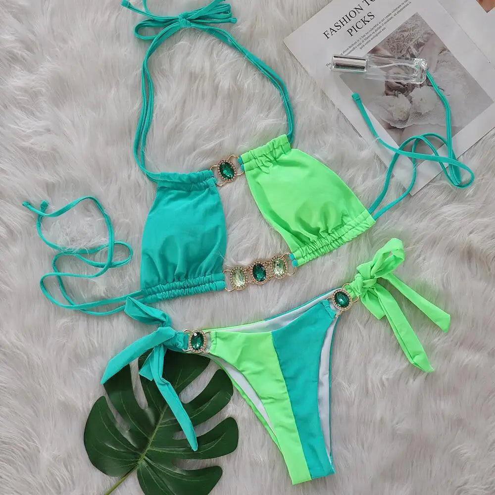 DEKA Neck Rhinestones Bikini Set Patchwork Swimsuit Women's Diamond Swimwear Push Up Female Beach Swimming Wear Bathing Suits