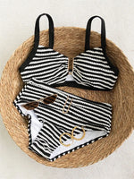 Sexy Black Striped Two Piece Bikini Set Women Metal U Neck Push Up Bra Belt High Waist Swimsuit Beach Bathing Suit Swimwear 2026