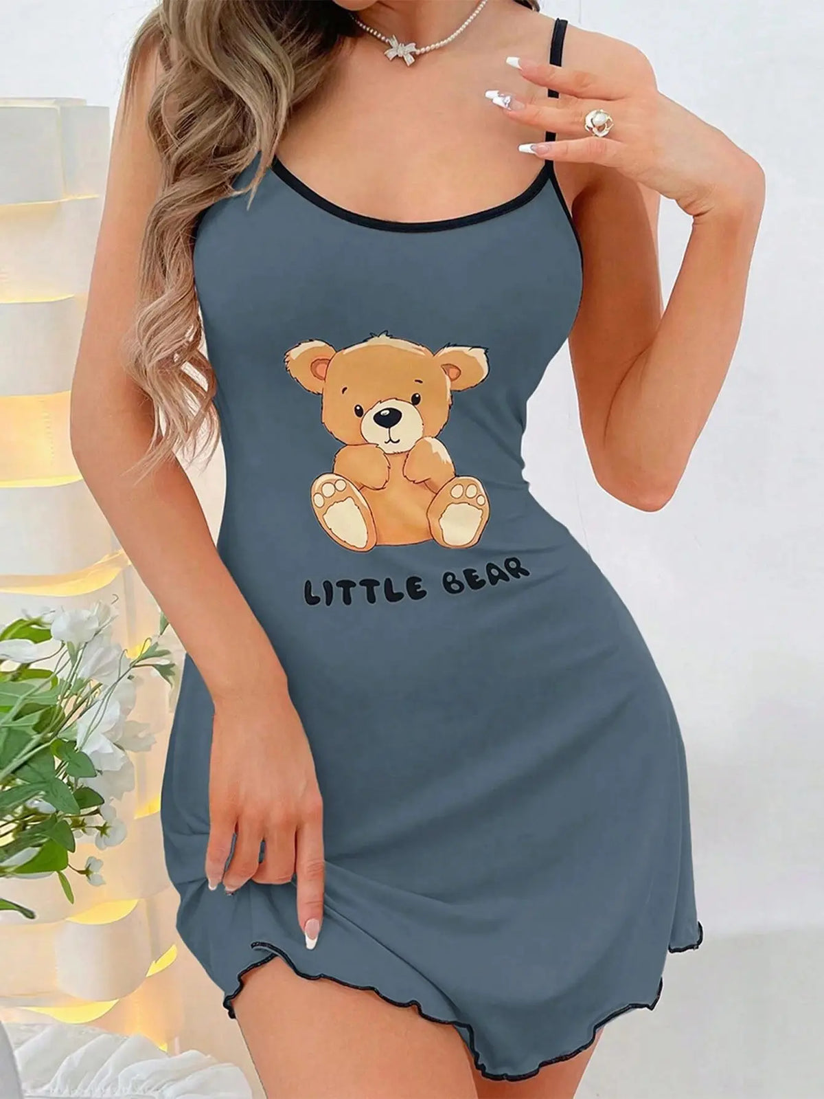 Womens Cute Little Bear Print Cami Nightgown Spaghetti Strap Sleep Dress Mini Lettuce Hem Contrast Trim Loungewear Y2K Style