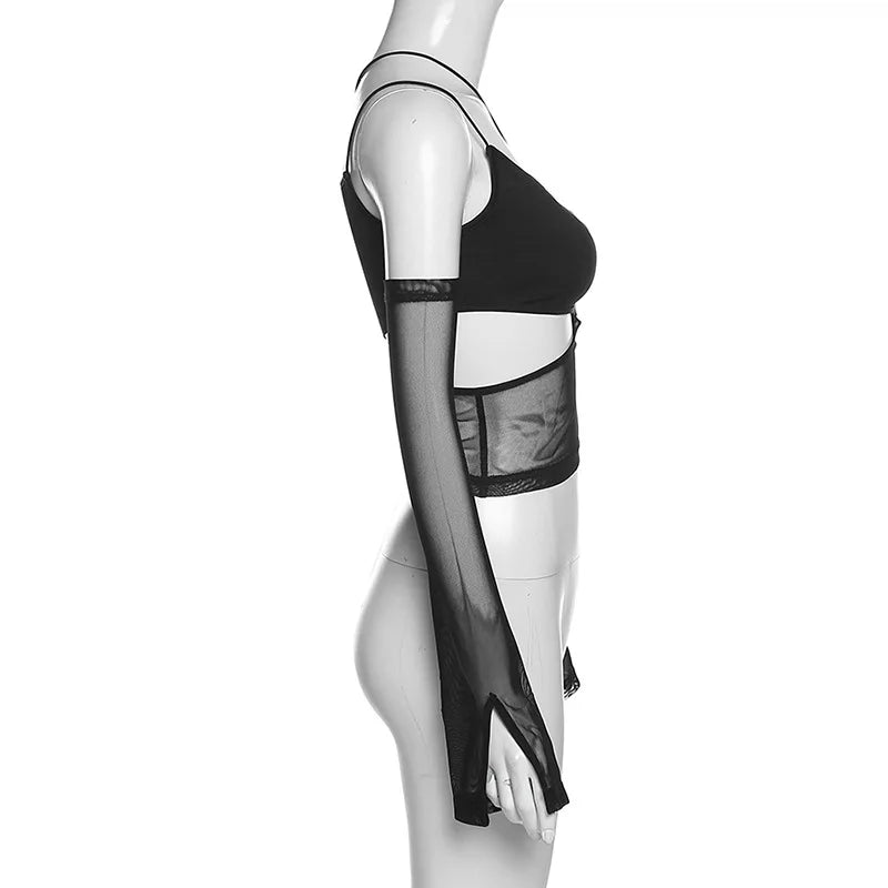 Asymmetrical Cut Out Mesh Crop Top with Sleeves Fairy GrungeClothes Transparent Camisole Tank Tops