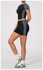 Summer New Yoga Sets Women Breathable Contrasting Color Short Sleeve Slim Sports T Shirts Training Running Shorts Fitness Suit