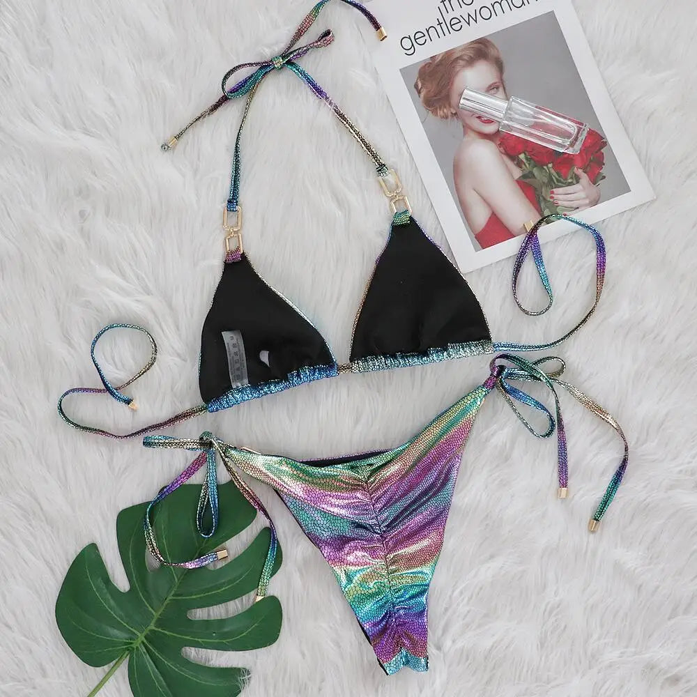 Sexy Purple Gradient Laser Bikini Set Women Shiny Snakeskin Push Up Swimsuit 2025 Luxury Rhinestone Bathing Suit Thong Swimwear