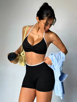 Sexy Black Polka Dot Print Seamless Yoga Sets Women Hanging Neck Pleate Sports Bra Tight High Waist Short Running Fitness Suits