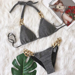 Halter Ribbed Metal Chains Diamond Bikini Women Swimsuit Female Swimwear Two-pieces Bikini Set Bather Bathing Suit Swim Lady