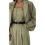 Women's Business Outfit Cropped Blazer Strapless Tube Top Jumpsuits 2 Piece Suit Set Belted Wide Leg Romper Office Work Clothes