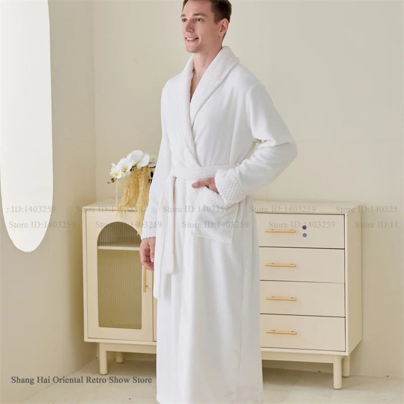 Couple Plus Size Winter Bathrobe Thick Coral Fleece Long Robe Soft Flannel Kimono Gown Loose Home Sleepwear Loungewear