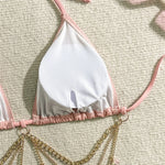 Shiny Pink String Halter Triangle 3 Piece High Waisted Bikini Set Swimwear Skirt Cover Up Rhinestone Chaining Swimsuit Beachwear