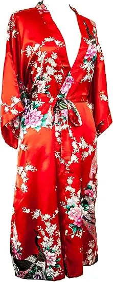 Lace Up Woman Peacock Print Japanese Kimono Yukata Silk Satin Short Style Sleepwear Home Nightgown Bath Robe Costume