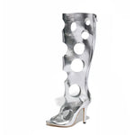 Big Size 43 Sexy Black Hollow Out Summer Boots Women White Thin High Heels Knee High Boots Stiletto Zip-up Peep Toe Party Shoes