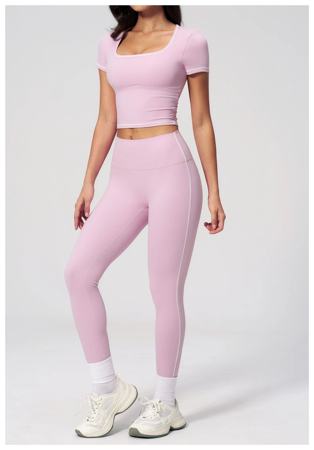2PC Color Contrast Yoga Suit Women Short Sleeve Square Collar Slim Sports Top Fitness Suits Outdoor Exercise Leggings Tracksuit