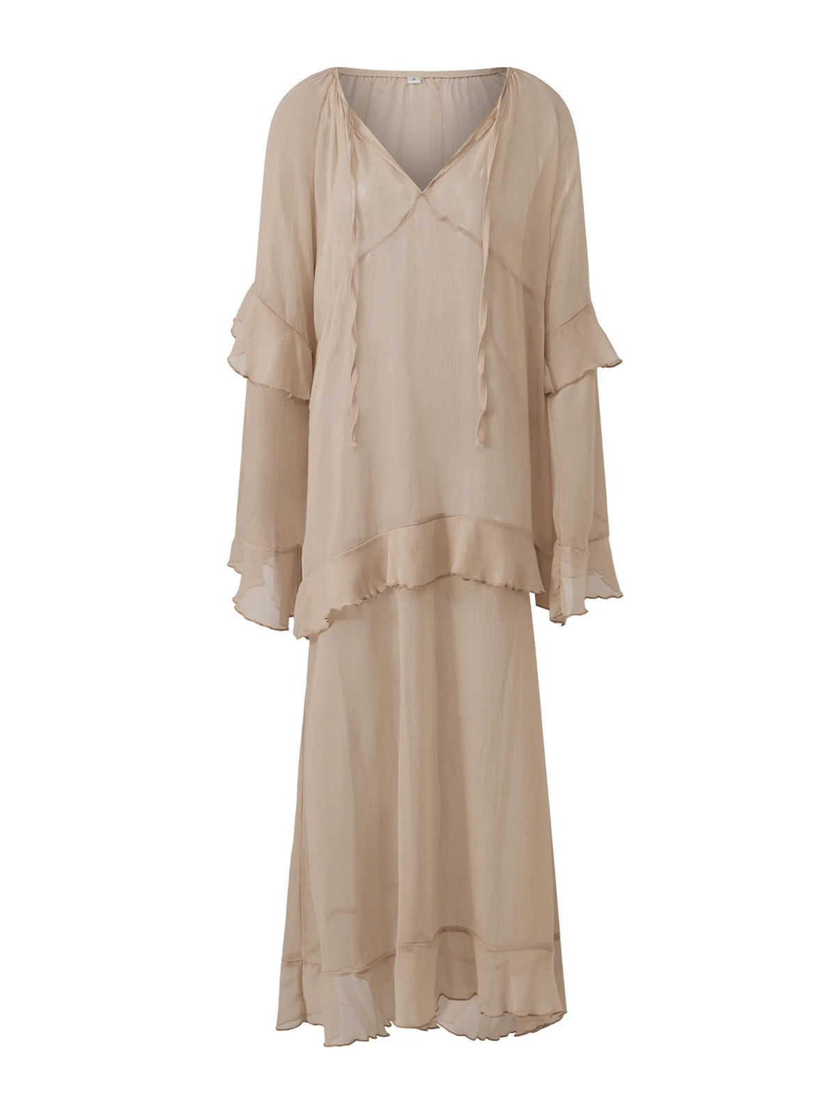 Women's Sheer Chiffon Long Dress Stylish Ruffle Trim V Neck Long Sleeve Loose Fit Dress See Through Cover-ups Streetwear
