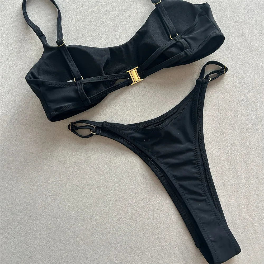 Sexy Solid Black Triangle Micro Bikini Thong Set Swimsuit Women 2026 Metal Ring Ladies Swimwear Bathing Suit Bikinis Mujer