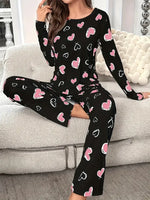 Autumn Winter Pajama Set for Women Sleepwear Heart Print Knitted Round-Neck Loose Tops and Elastic Long Pants Loungewear