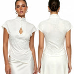 Women's Cheongsam Tops Mock Neck Short Sleeve Lace PatchworkBlouse Chinese Style Keyhole Summer Shirts