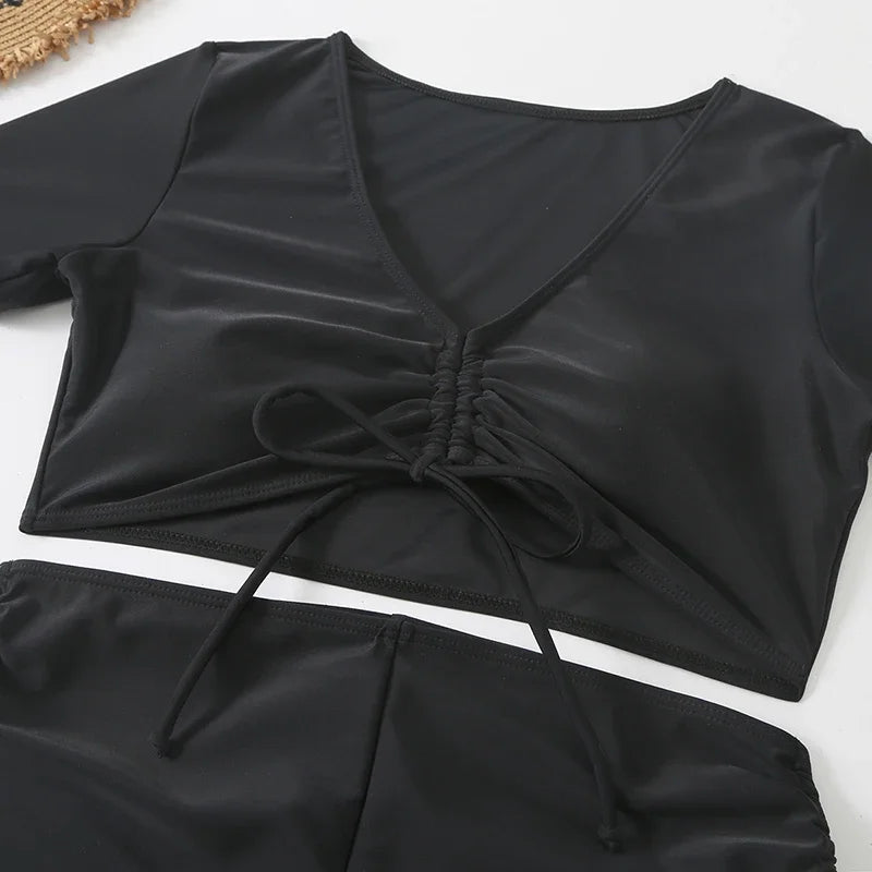 Black Drawstring Swimwear Bikinis Sets Mujer 2026 Crop Top Shorts Bottom Swimsuit Women Sexy Bathing Suit Beachwear Bikini Swim