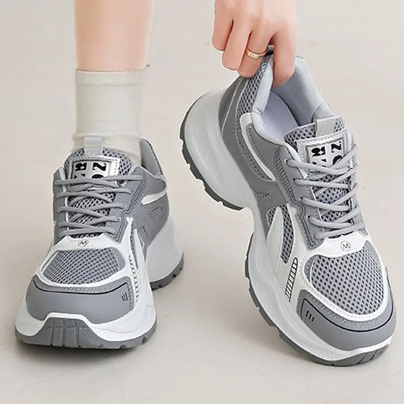 Breathable Mesh Running Sneakers Women Spring Autumn Fashion Mix Color Platform Sports Shoes Woman Lace Up Non Slip Shoes Female