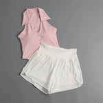 Summer Women's Sports Sets Color Contrast Lapel Collar Sports T Shirts High Waist Pleate Shorts Gym Running Fitness Yoga Suit