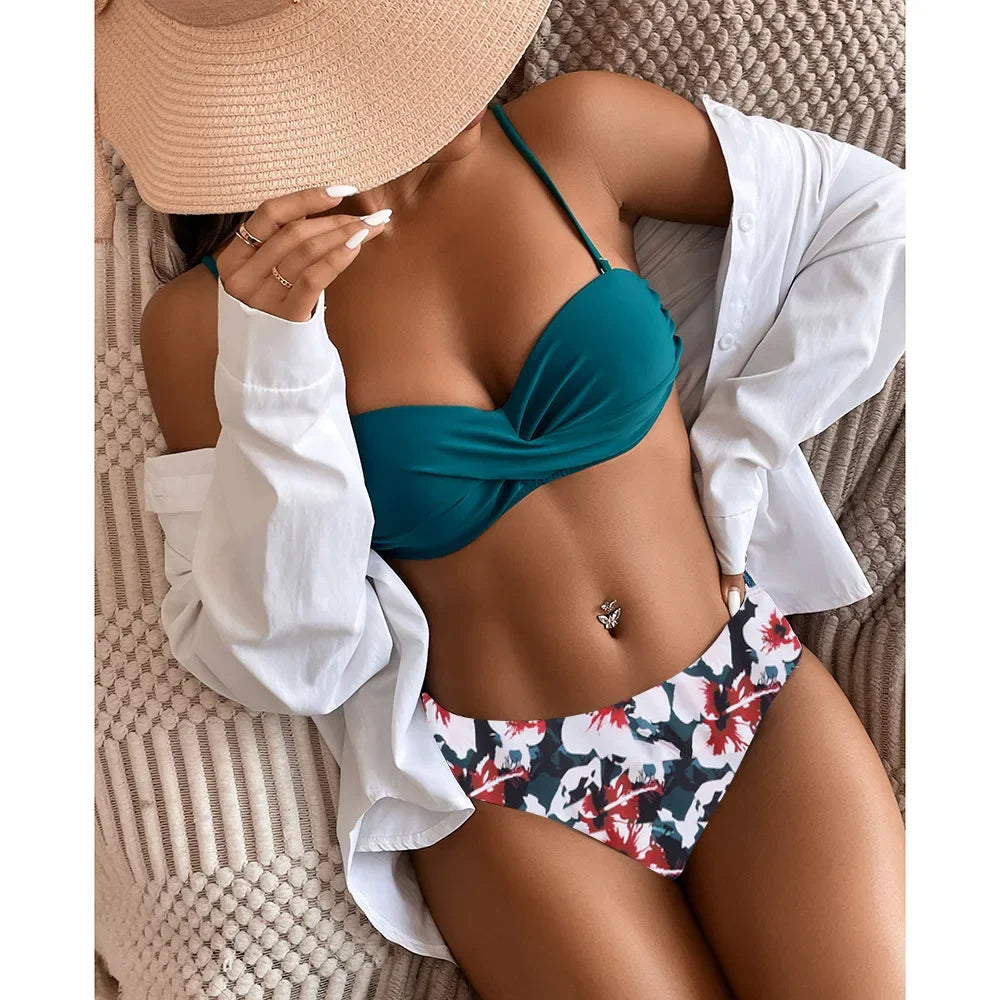 Print Bandeau Bikini Swimsuit Women Push Up Bikini Set Swimwear Female High Waisted Bathing Suit Beach Wear Brazilian Biquini