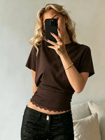 Woman Lace Crop Top Dolman Sleeve Summer Sexy Elegance Leisure Round Collar Semi Slim Solid Color T-shirt Top Pleating