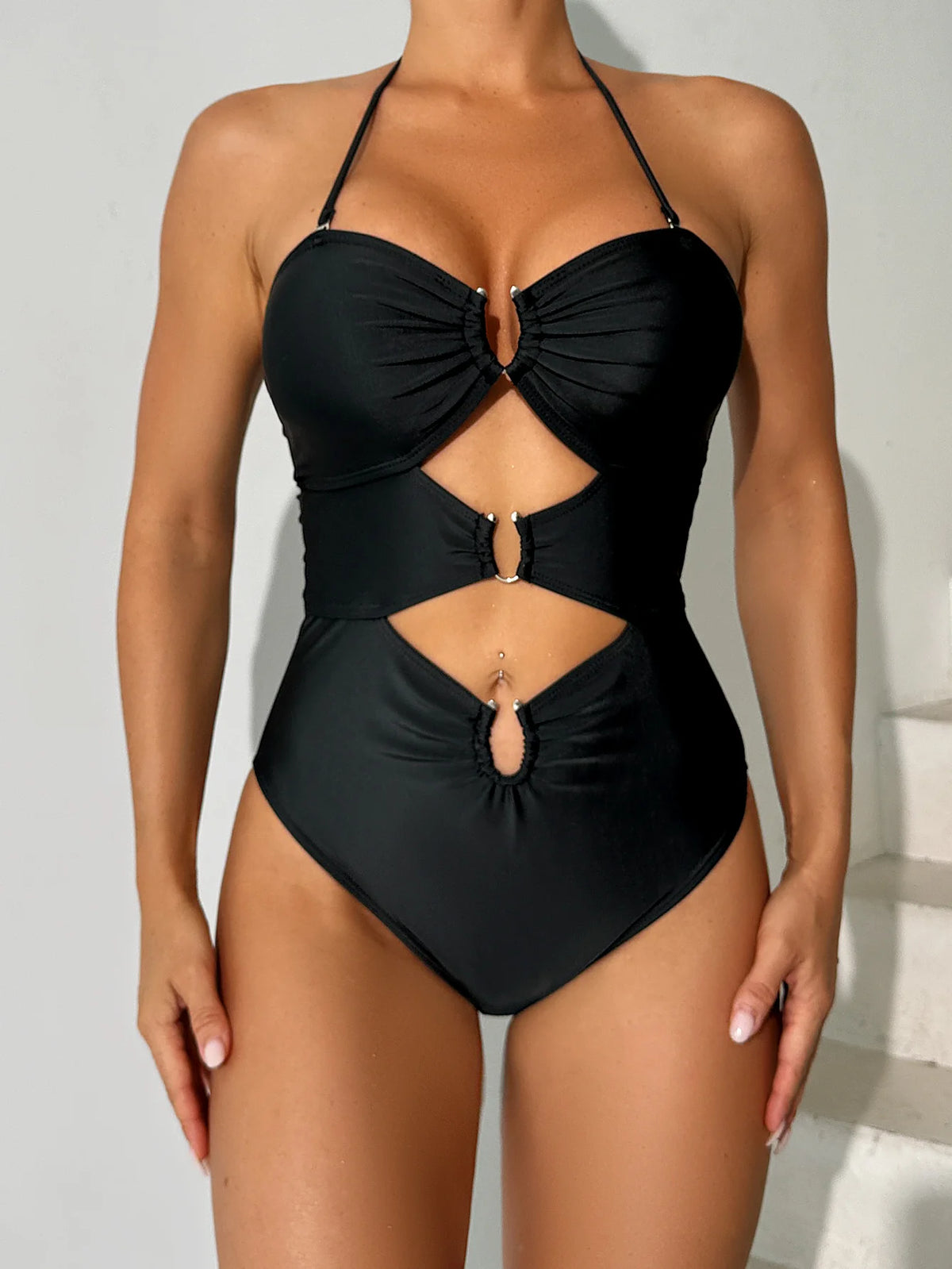 2026 Halter U-wire Swimsuit One Piece Sexy Hollow Swimwear Women Solid Bathing Swimming Swim Suit Padded Beachwear Summer XXL