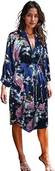 Lace Up Woman Peacock Print Japanese Kimono Yukata Silk Satin Short Style Sleepwear Home Nightgown Bath Robe Costume