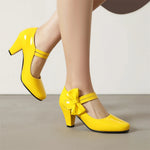 Plus Size 33-48 Sweet Polka Dot Mary Jane Heels Shoes Women Pink Blue Side Bow Tie Round Toe Chunky Block Heel Cute Lolita Pumps