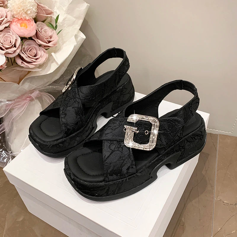 Fashion Crystal Buckle Platform Sandals Women Pink Embroidery Thick Heels Sandalias Mujer Comfortable Heightened Rome Sandals