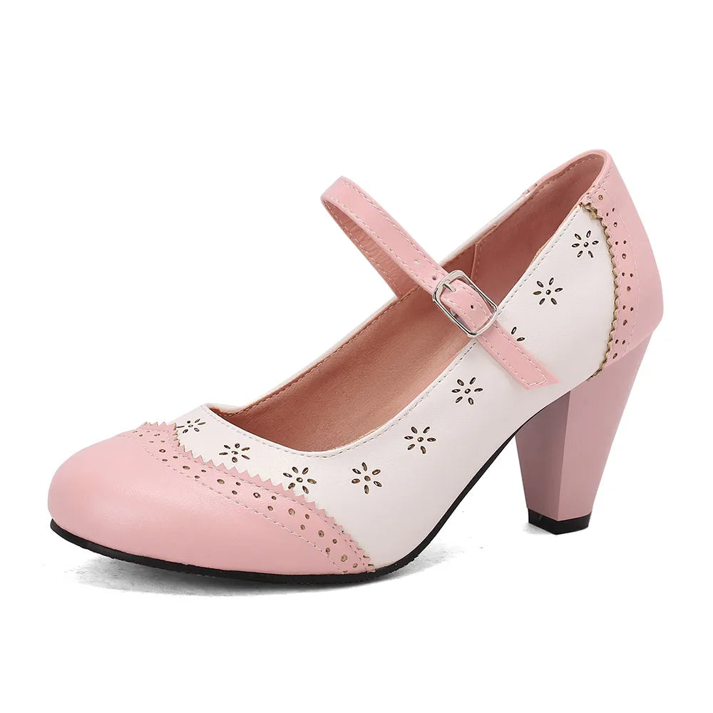 2026 Plus Size 48 Vintage Brown 7.5cm High Heels Mary Janes Pumps Retro Comfy Walk Summer Pink Office Lady Brogue Shoes Women