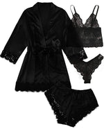 4pcs Women Striped Lingerie Set Lace Trim Robe Camisole Shorts Panties Nightwear Sleepwear Homewear Sexy Pajamas Outfit