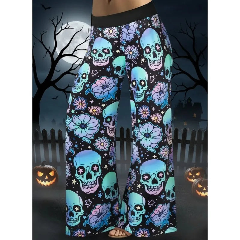 Hallowmas Skull Flower Print Pants Woman 2025 Plus Size Elastic Waist Wide Leg Pant Casual Large Full-length Trousers
