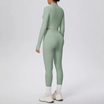 New Women Yoga Set Solid Color Double-Sided Brushed Bare Feel Short Long-Sleeve Jacket Tight Pants Running Fitness 2-Piece Set