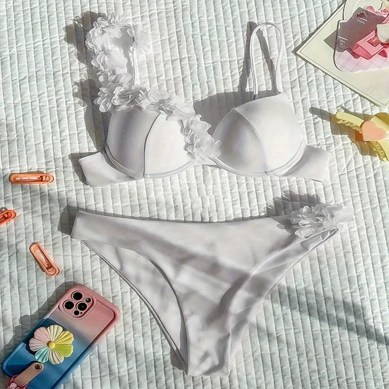 Sexy White Mesh Flower Push Up Bikinis Sets for Women Swimwear Unerwired Swimsuit 2026 Bathing Suits Bikini Mujer Biquinis