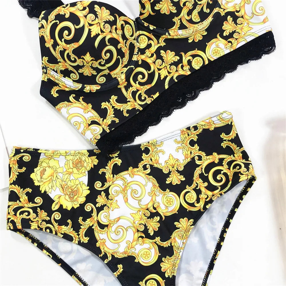 Sexy Black Print High Waisted Bikini Push Up Lace Straps Swimsuits Women 2026 Swimwear Bathing Suit Brazilian Bikinis De Mujer