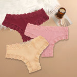 3Pcs Women Cotton Brazilian Pants Sexy Lace Brazilian Briefs Low Waist Floral Solid Color G-string Breathable Soft Lingerie