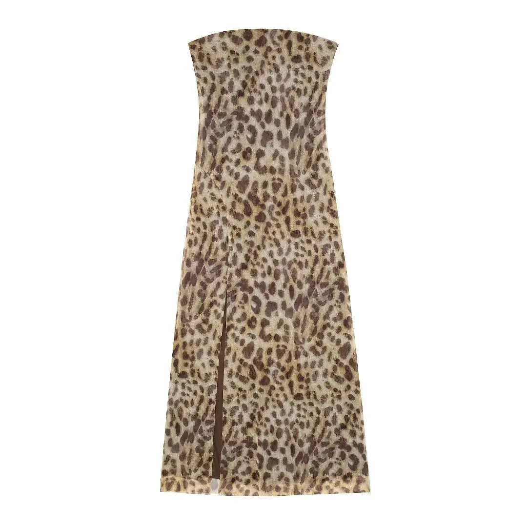 2024 Dress For Women Summer Chic Print Mesh Sleeveless Sexy Side Slit Slim Dresses Wild Beach Resort Style Woman Dress