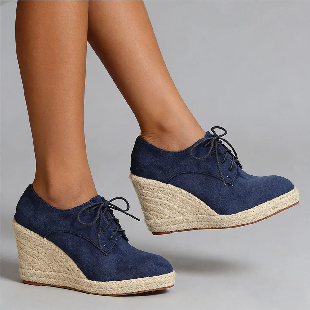 2026 Big Size 43 Vintage Brown Black Pointy Toe Lace-up High Heels Espadrilles Pumps Comfy Walk Office Lady Wedges Shoes Women