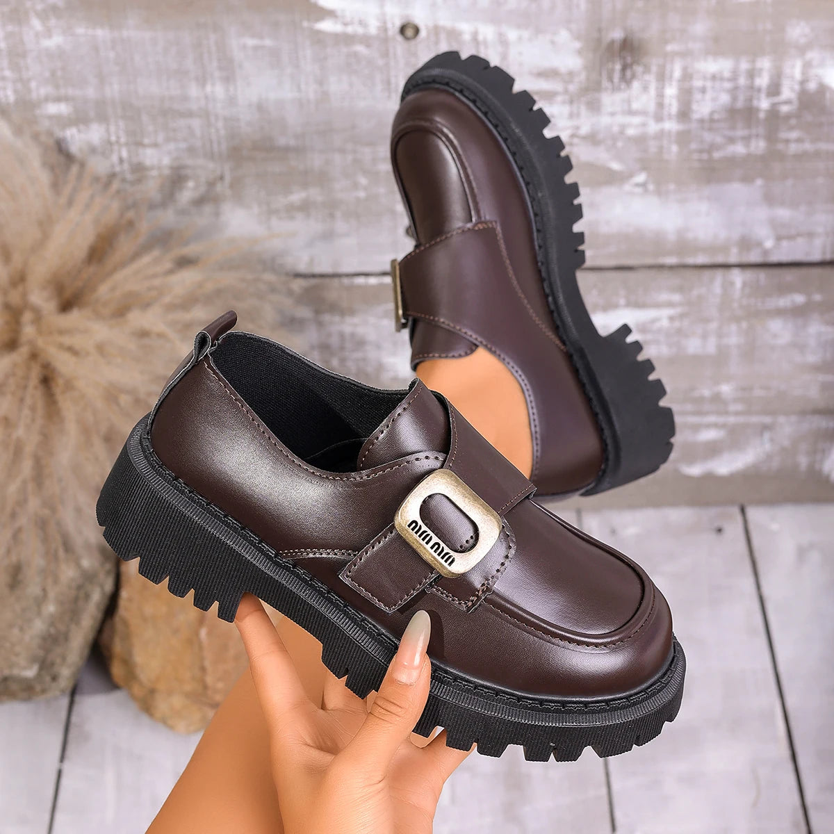Women Buckle Platform Loafers PU Leather Slip On Chunky Lug Sole Round Toe Casual Office Daily Dress Shoes