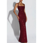 Women's Sequin Maxi Dress Burgundy Square Neck Sleeveless Bodycon Evening Gown Formal Party Prom Cocktail Mermaid Long Dresses