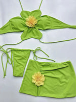 DEKA Women Sexy Green 3D Floral Bikinis Set Halter Push Up Pleate Skirt 3 Piece Swimsuit Beach Bathing Suit Thong Swimwear