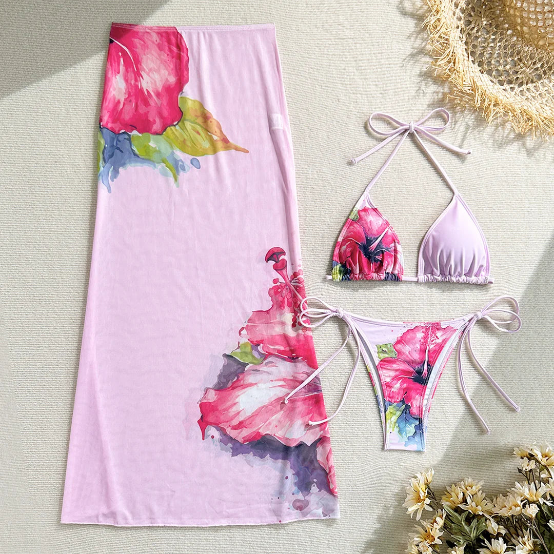 10 Color Flowers Halter Bikini Female Swimsuit Women Swimwear Three-pieces Bikini set With Skirt Bather Bathing Suit Swim V6637C