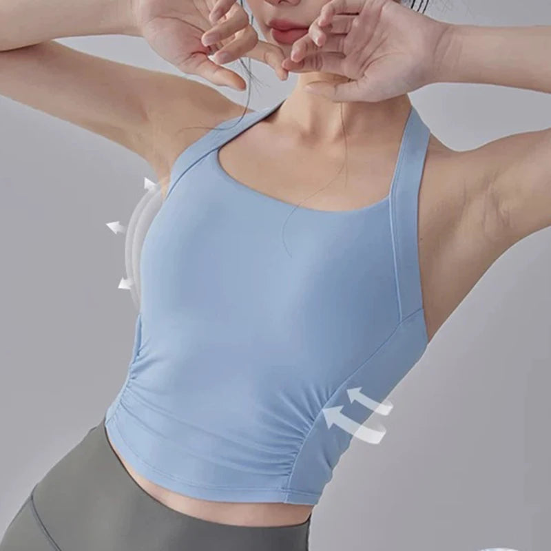 Women's Shock-Absorbing Yoga Sports Bra Neck Hanging Pleated Design Fitness Training Pilates Outdoor Vest Gathered Comfortable