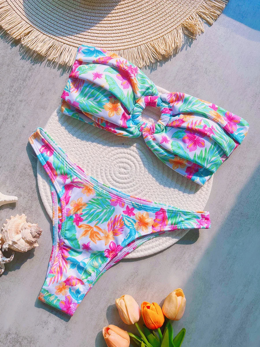 Floral Printed Wrinkled Bandeau Bikini Female Swimsuit Women Swimwear Two-pieces Bikini Set High Cut Bather Bathing Suit Swim