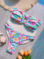 Floral Printed Wrinkled Bandeau Bikini Female Swimsuit Women Swimwear Two-pieces Bikini Set High Cut Bather Bathing Suit Swim